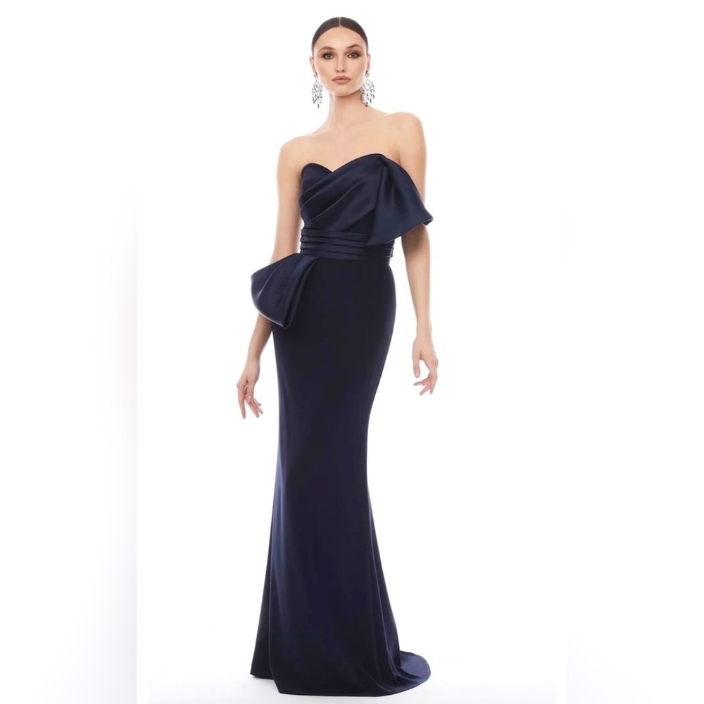 Fitted  Strapless Gown with Ruffled Detail in Navy Blue
